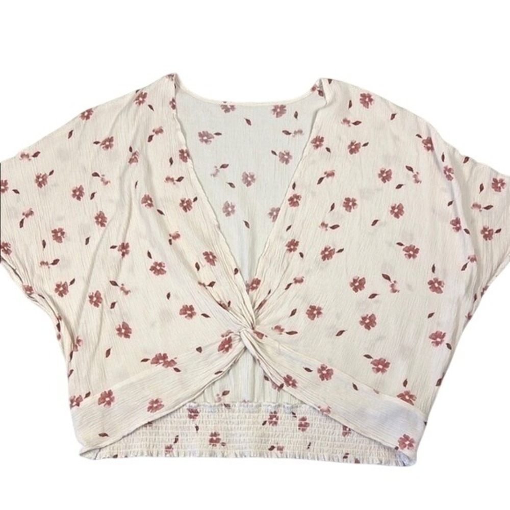 Willow Root Cream Floral Twist Front‎ Smocked Hem Short Sleeve Crop Top XL